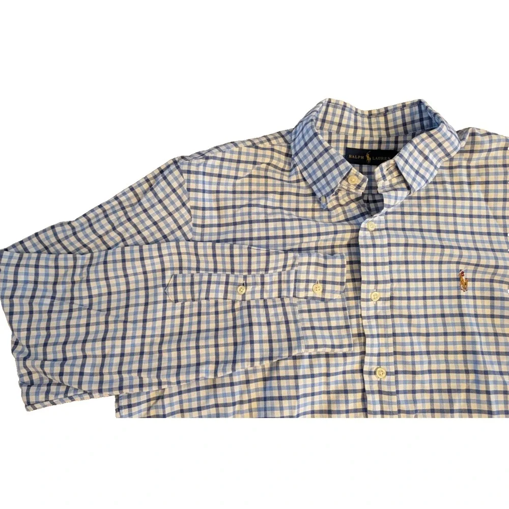Polo Ralph Lauren Shirt Men's L Blue White Check Long Sleeve Flesh Pony Preppy